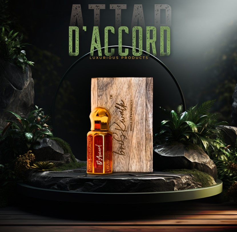 Luxurious Attar D'Accord bottle with wooden packaging display